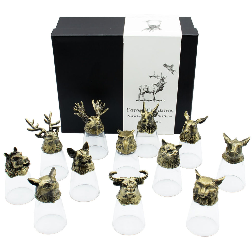 Gift Set of 12 Bottom Up Shot Glasses (25ml) - Forest & Mystical Creatures - Antique Bronze